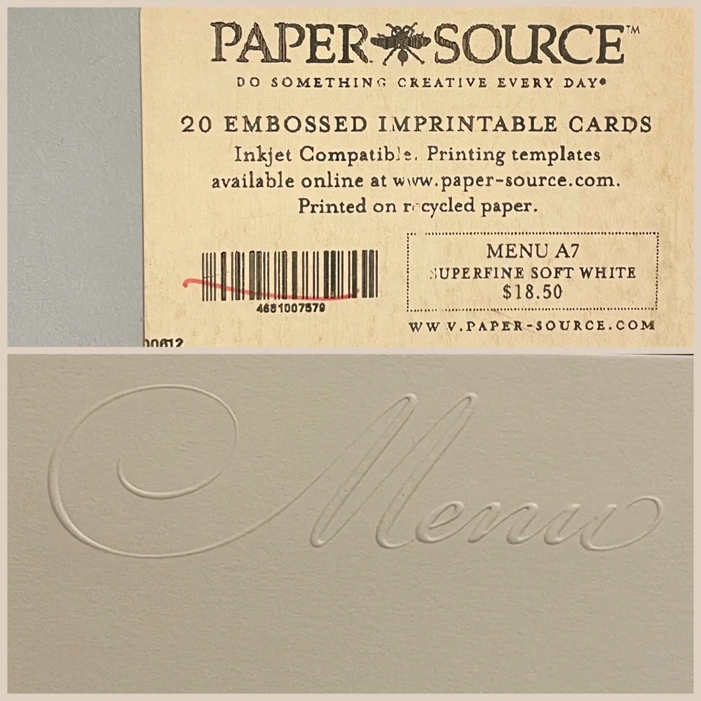 Paper Source 20 Menu Embossed Imprintable Cards In Superfine Soft White